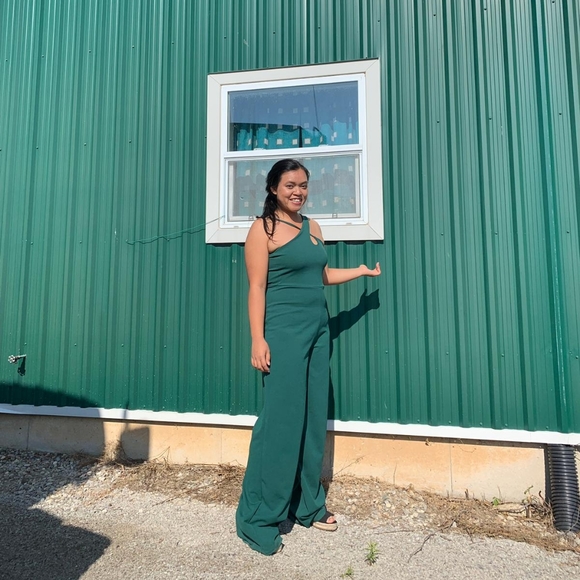 EUC Missguided Stretchy Forest Green Criss-cross Wide Leg Jumpsuit Size 8 - Picture 2 of 14